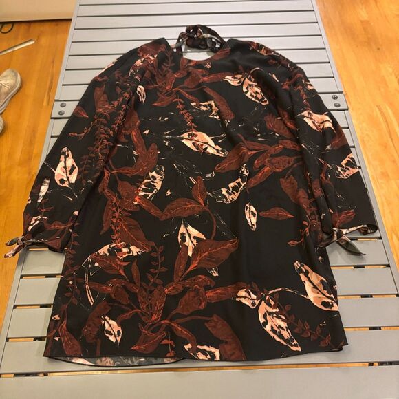 Wilfred Pozzi Dress Women's Medium Multi Leaf Print Long Sleeve Tie Back - Picture 2 of 9